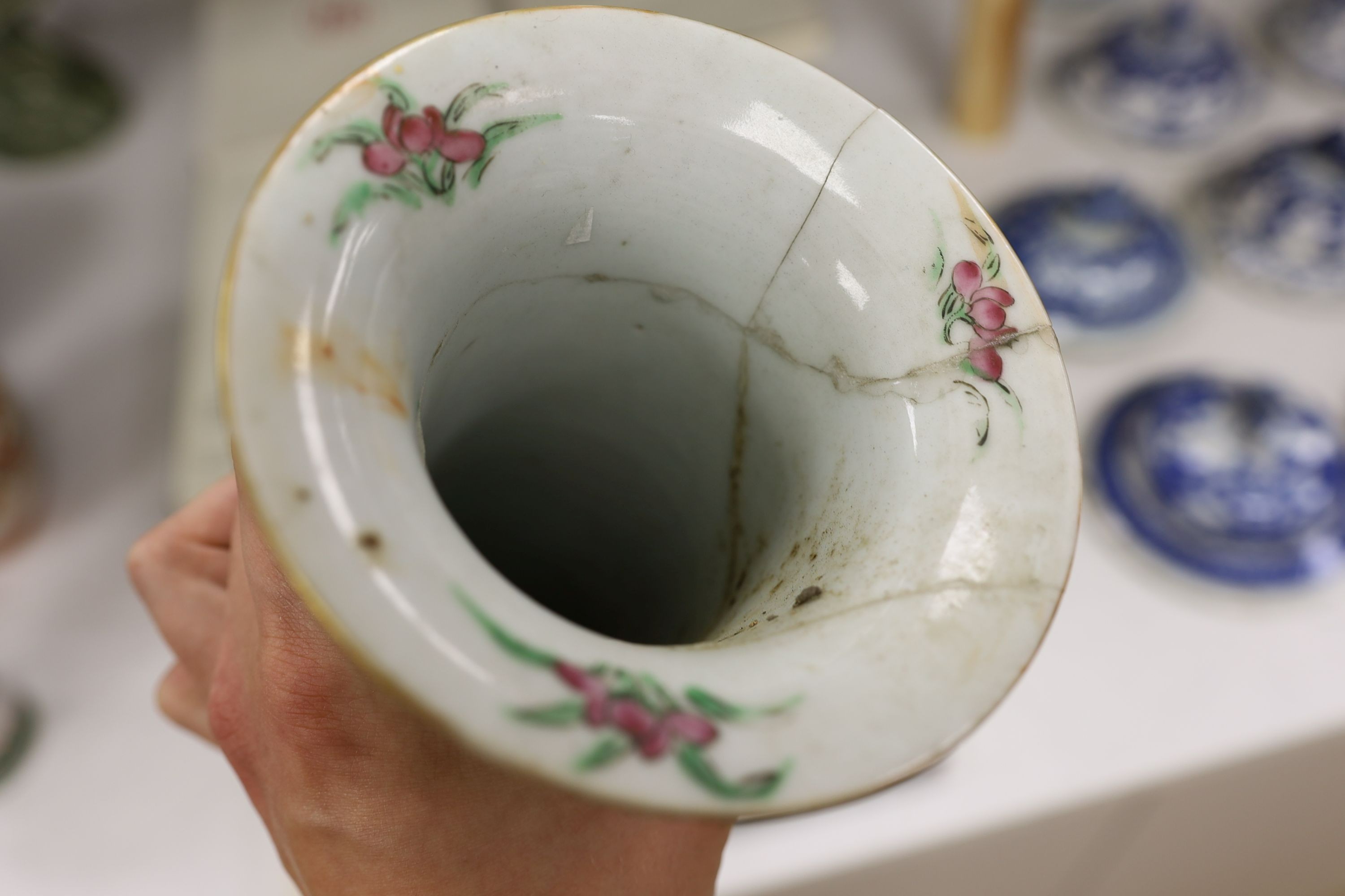 A Chinese famille charger, three vases and a plate, together with other Chinese and Japanese ceramics (13 items), Charger 48 cms diameter